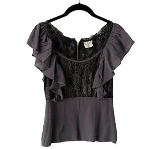 Free People Floral Lace Ruffles Accent Scoop Neck Casual Blouse Black Small